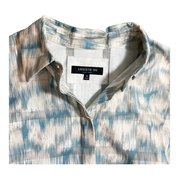 Lafayette 148 Brody Printed Cotton Blouse - Blue Steel - Picture 3 of 7